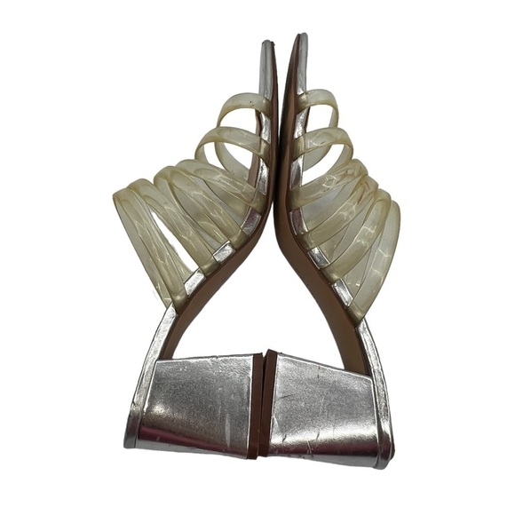 Zara Trafaluc Silver Jelly Strap Block Heel Square Toe Sandals Size 38 Women's - Picture 5 of 10